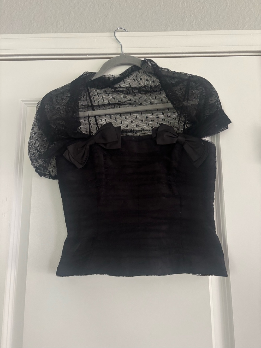 Teri Jon Black Sheer Dot Bolero Corset Top with Front Bows